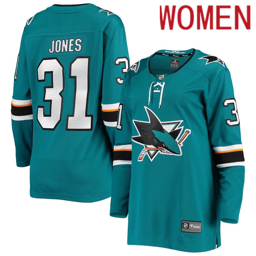 Women San Jose Sharks 31 Martin Jones Fanatics Branded Teal Breakaway Home Team Player NHL Jersey